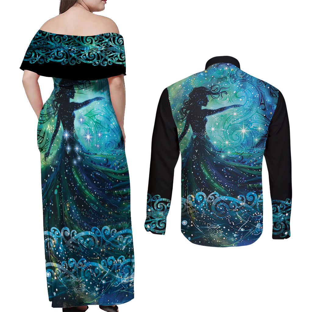New Zealand Matariki Hiwa-i-te-rangi Couples Matching Off Shoulder Maxi Dress and Long Sleeve Button Shirt Titiro ki nga Whetu Wishing Star LT9 - Polynesian Pride