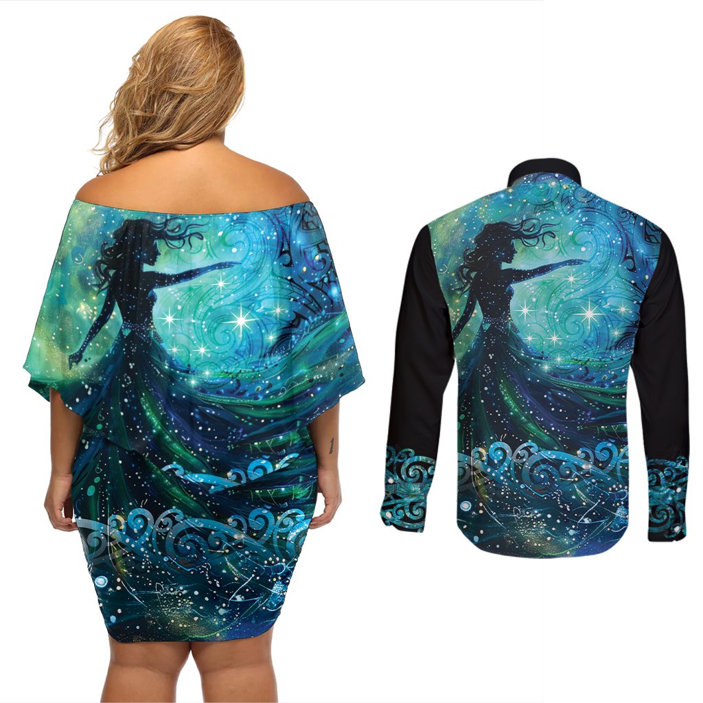 New Zealand Matariki Hiwa-i-te-rangi Couples Matching Off Shoulder Short Dress and Long Sleeve Button Shirt Titiro ki nga Whetu Wishing Star LT9 - Polynesian Pride
