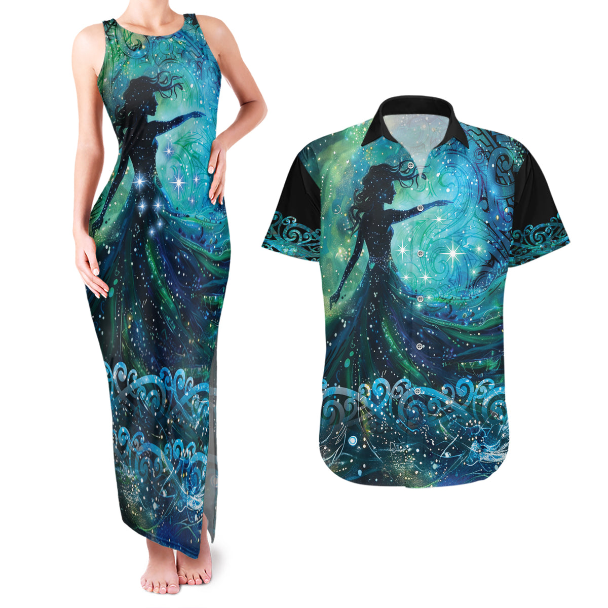 New Zealand Matariki Hiwa-i-te-rangi Couples Matching Tank Maxi Dress and Hawaiian Shirt Titiro ki nga Whetu Wishing Star LT9 Black - Polynesian Pride