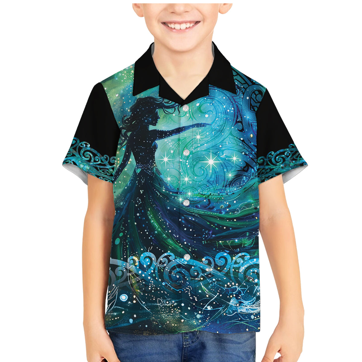 New Zealand Matariki Hiwa-i-te-rangi Family Matching Mermaid Dress and Hawaiian Shirt Titiro ki nga Whetu Wishing Star LT9 Son's Shirt Black - Polynesian Pride