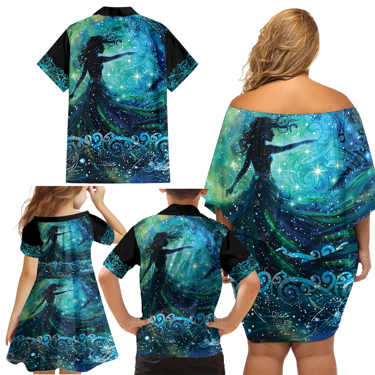 New Zealand Matariki Hiwa-i-te-rangi Family Matching Off Shoulder Short Dress and Hawaiian Shirt Titiro ki nga Whetu Wishing Star LT9 - Polynesian Pride