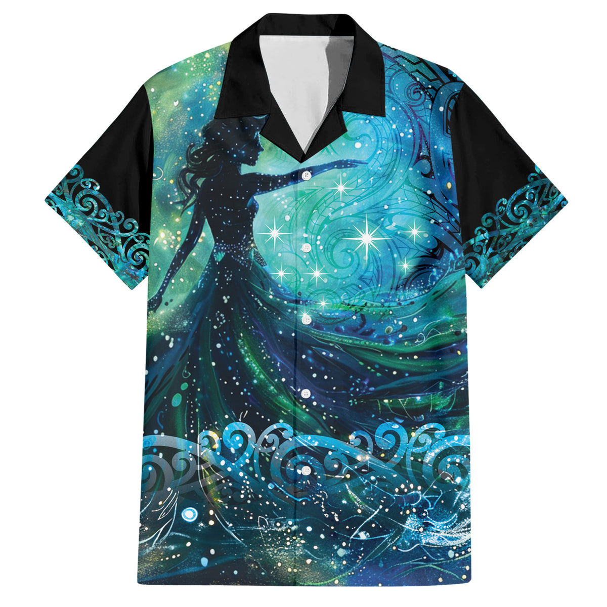 New Zealand Matariki Hiwa-i-te-rangi Family Matching Short Sleeve Bodycon Dress and Hawaiian Shirt Titiro ki nga Whetu Wishing Star LT9 Dad's Shirt - Short Sleeve Black - Polynesian Pride