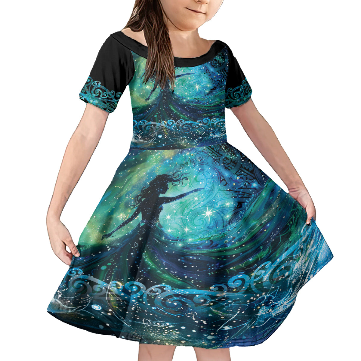 New Zealand Matariki Hiwa-i-te-rangi Family Matching Summer Maxi Dress and Hawaiian Shirt Titiro ki nga Whetu Wishing Star LT9 Daughter's Dress Black - Polynesian Pride