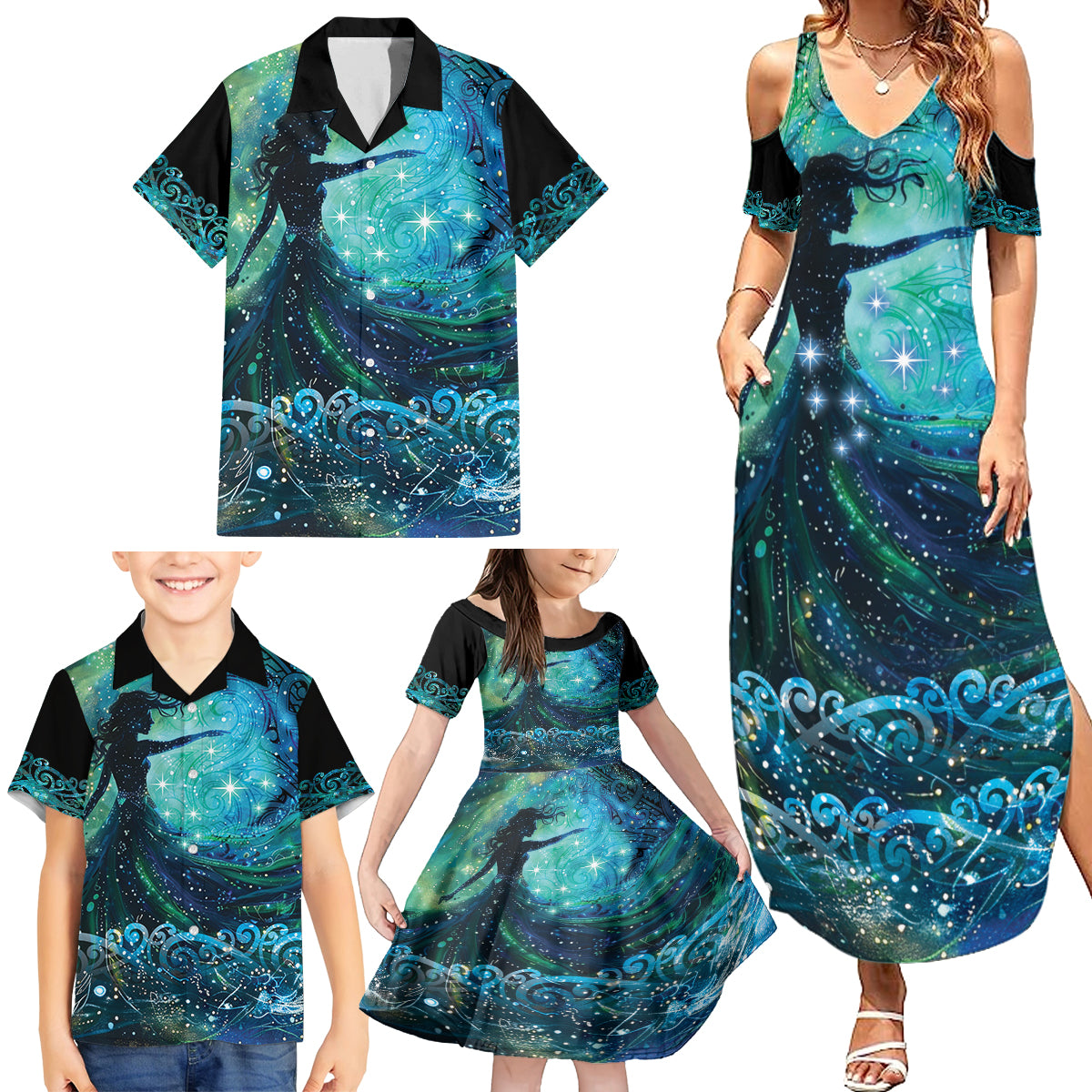New Zealand Matariki Hiwa-i-te-rangi Family Matching Summer Maxi Dress and Hawaiian Shirt Titiro ki nga Whetu Wishing Star LT9 - Polynesian Pride
