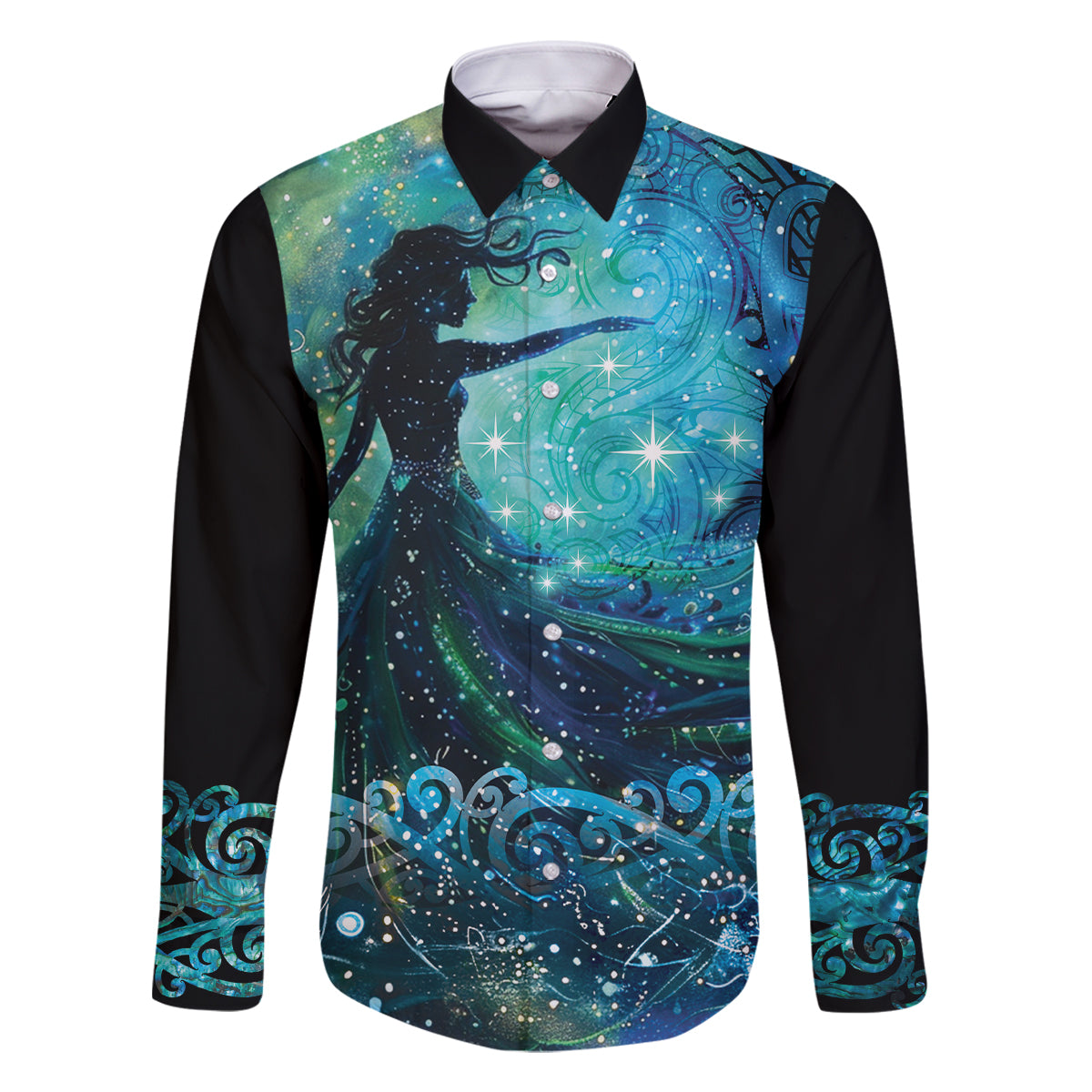 New Zealand Matariki Hiwa-i-te-rangi Family Matching Summer Maxi Dress and Hawaiian Shirt Titiro ki nga Whetu Wishing Star LT9 Dad's Shirt - Long Sleeve Black - Polynesian Pride
