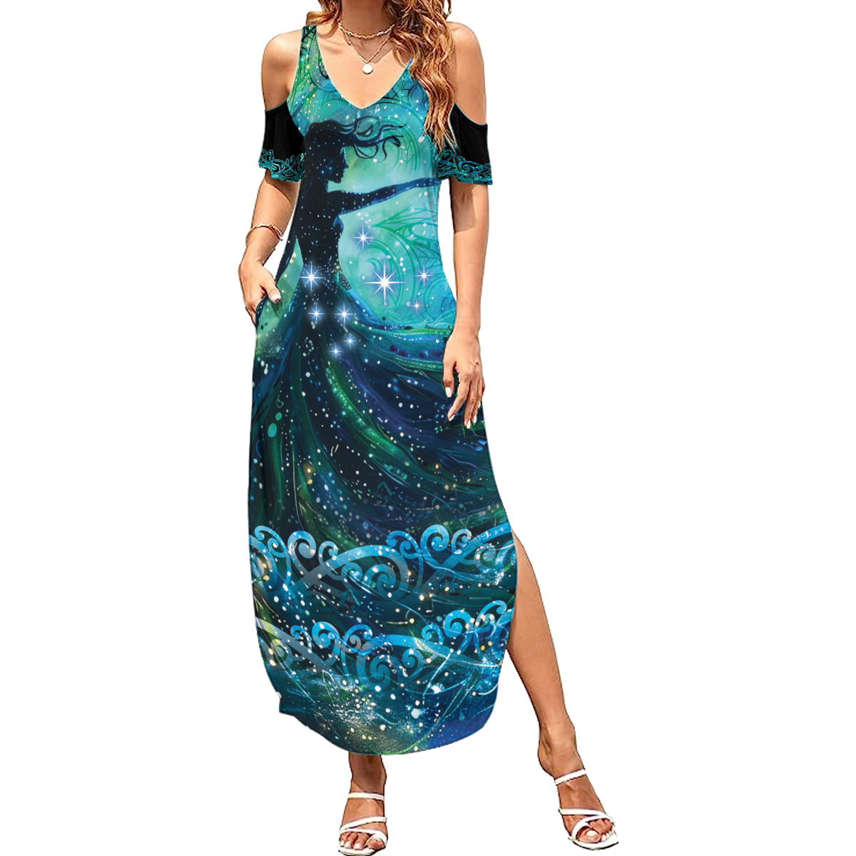 New Zealand Matariki Hiwa-i-te-rangi Family Matching Summer Maxi Dress and Hawaiian Shirt Titiro ki nga Whetu Wishing Star LT9 Mom's Dress Black - Polynesian Pride