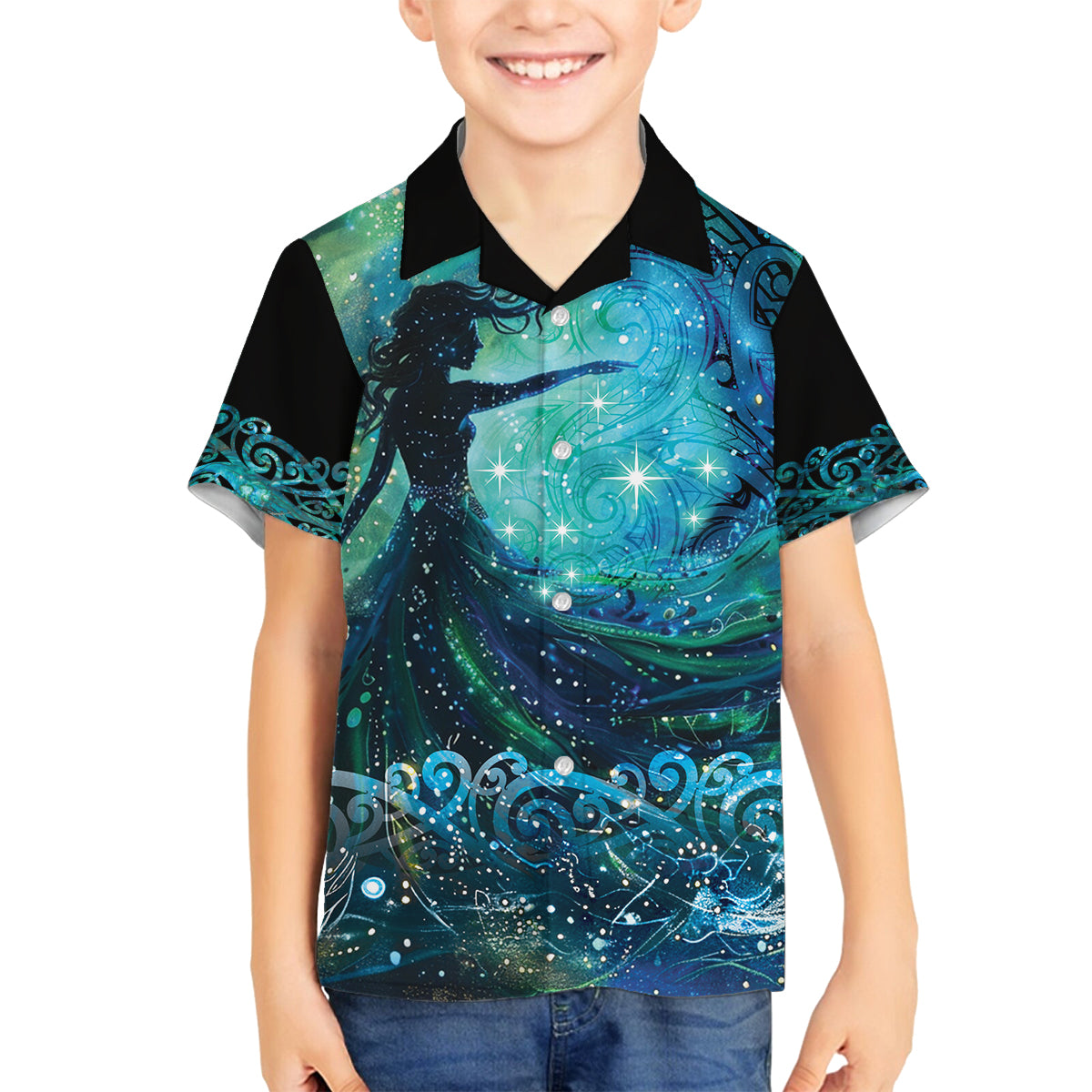 New Zealand Matariki Hiwa-i-te-rangi Family Matching Summer Maxi Dress and Hawaiian Shirt Titiro ki nga Whetu Wishing Star LT9 Son's Shirt Black - Polynesian Pride
