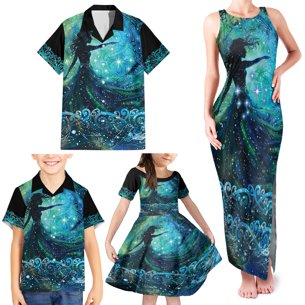 New Zealand Matariki Hiwa-i-te-rangi Family Matching Tank Maxi Dress and Hawaiian Shirt Titiro ki nga Whetu Wishing Star LT9 - Polynesian Pride