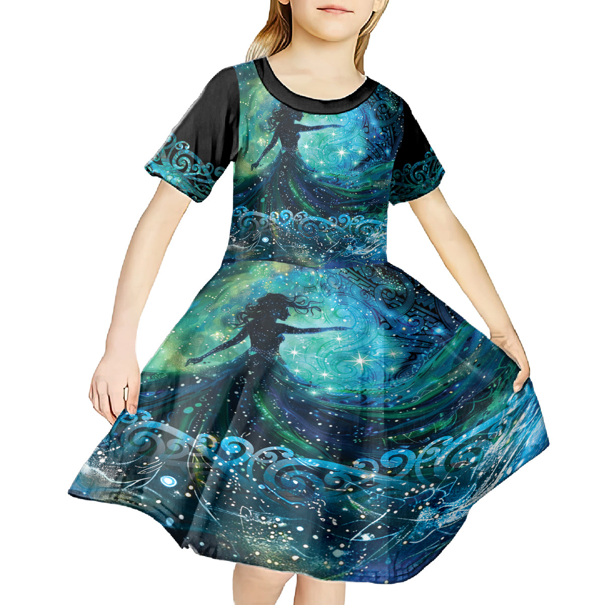New Zealand Matariki Hiwa-i-te-rangi Kid Short Sleeve Dress Titiro ki nga Whetu Wishing Star LT9 - Polynesian Pride
