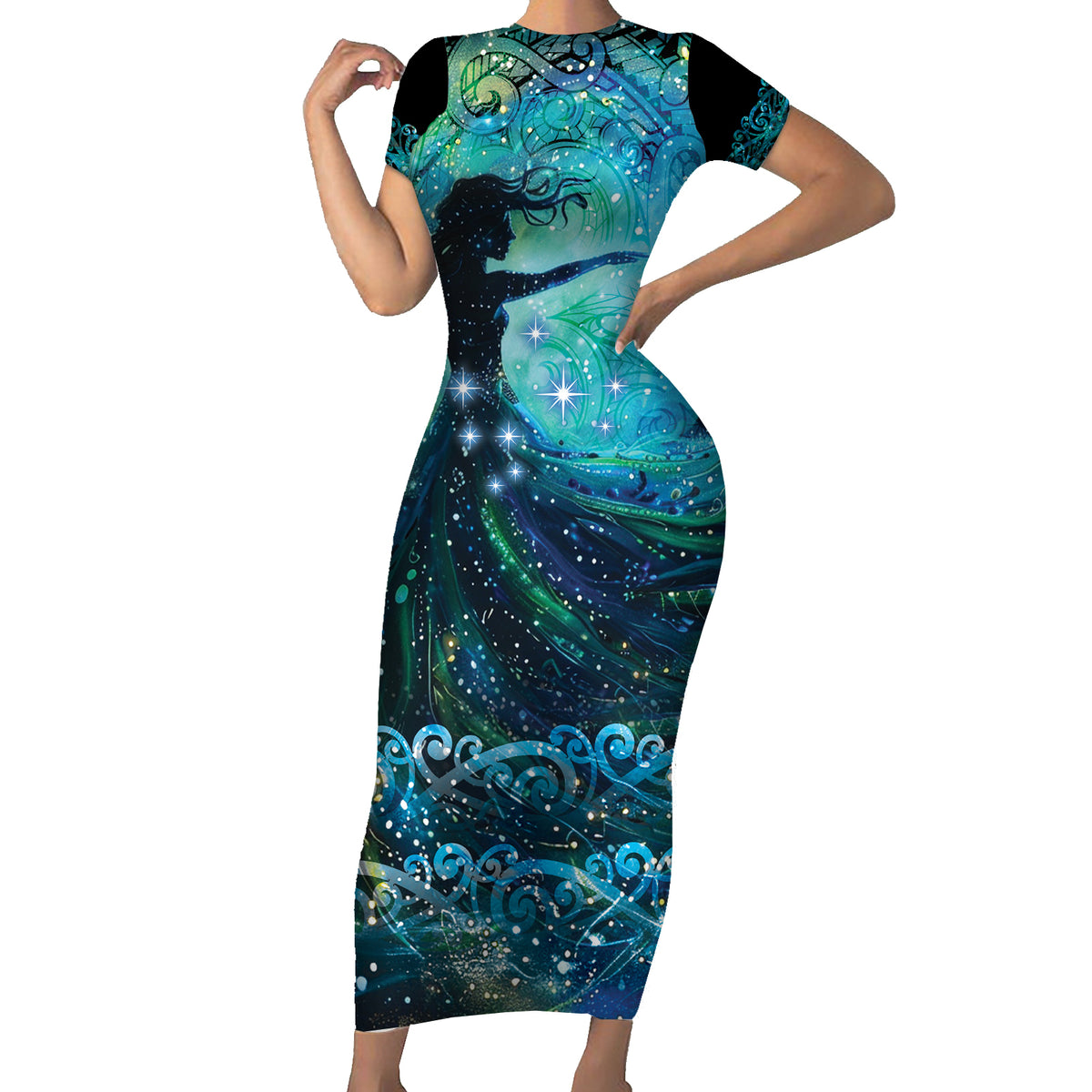 New Zealand Matariki Hiwa-i-te-rangi Short Sleeve Bodycon Dress Titiro ki nga Whetu Wishing Star LT9 Long Dress Black - Polynesian Pride