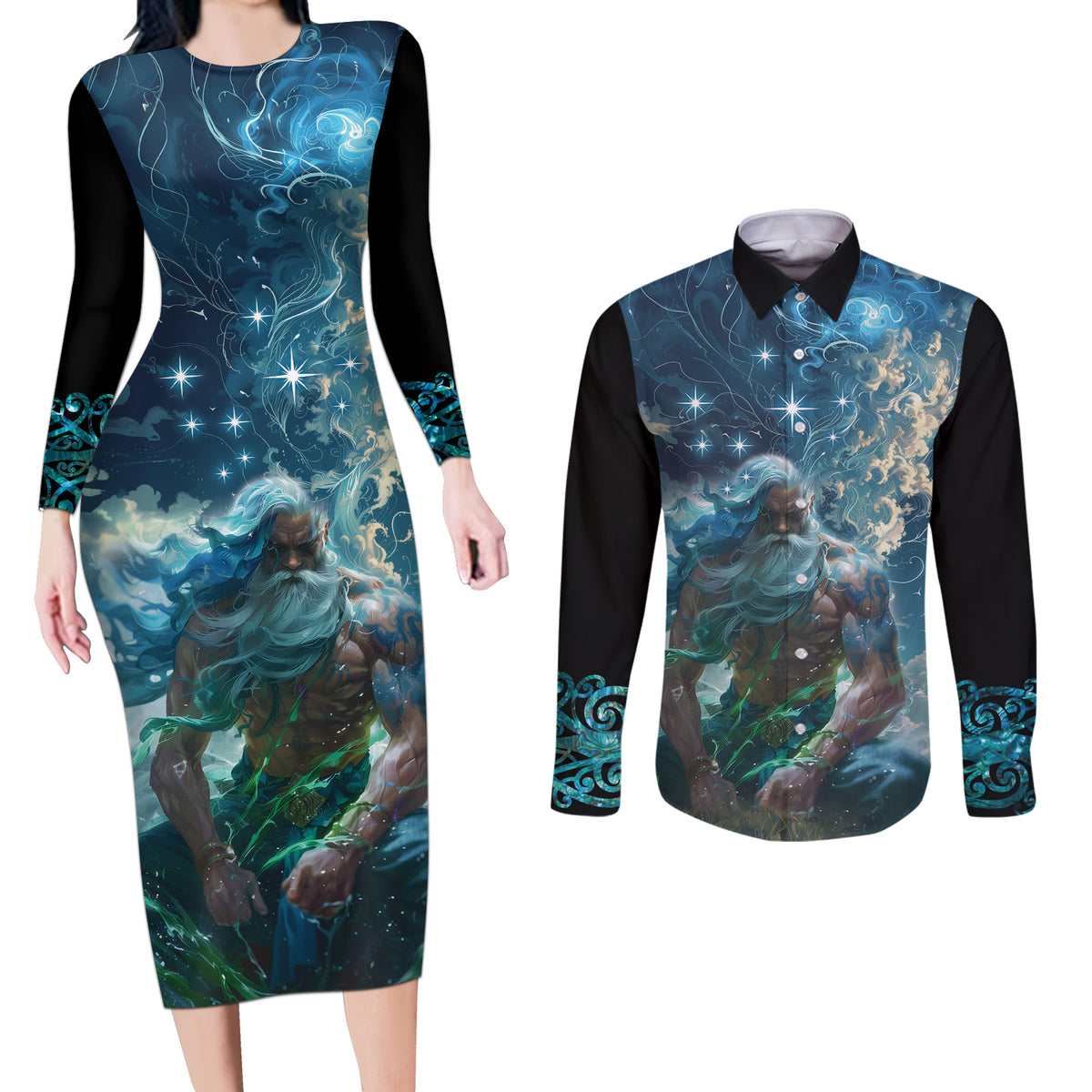 New Zealand Matariki Ururangi Couples Matching Long Sleeve Bodycon Dress and Long Sleeve Button Shirt The Murmur Of The Wind LT9 Black - Polynesian Pride
