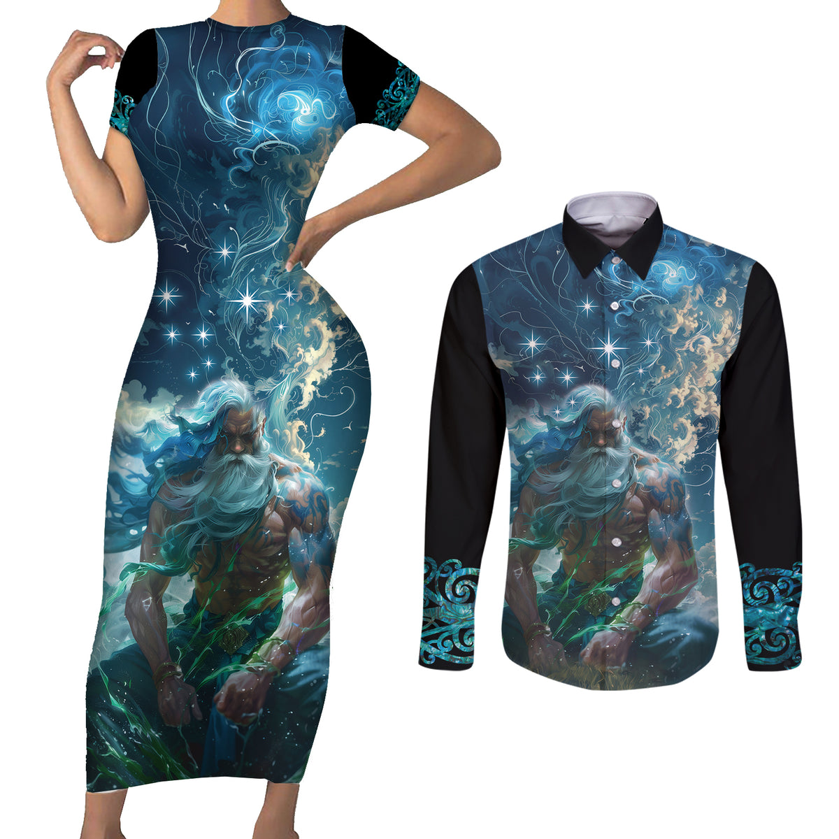New Zealand Matariki Ururangi Couples Matching Short Sleeve Bodycon Dress and Long Sleeve Button Shirt The Murmur Of The Wind LT9 Black - Polynesian Pride