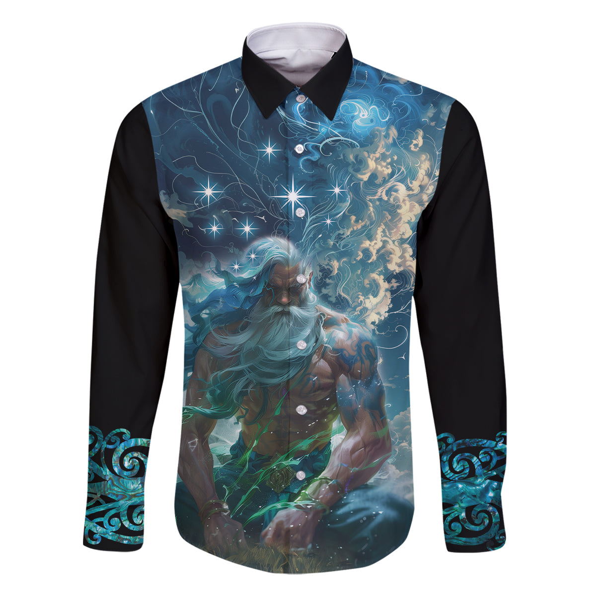 New Zealand Matariki Ururangi Family Matching Off Shoulder Maxi Dress and Hawaiian Shirt The Murmur Of The Wind LT9 Dad's Shirt - Long Sleeve Black - Polynesian Pride