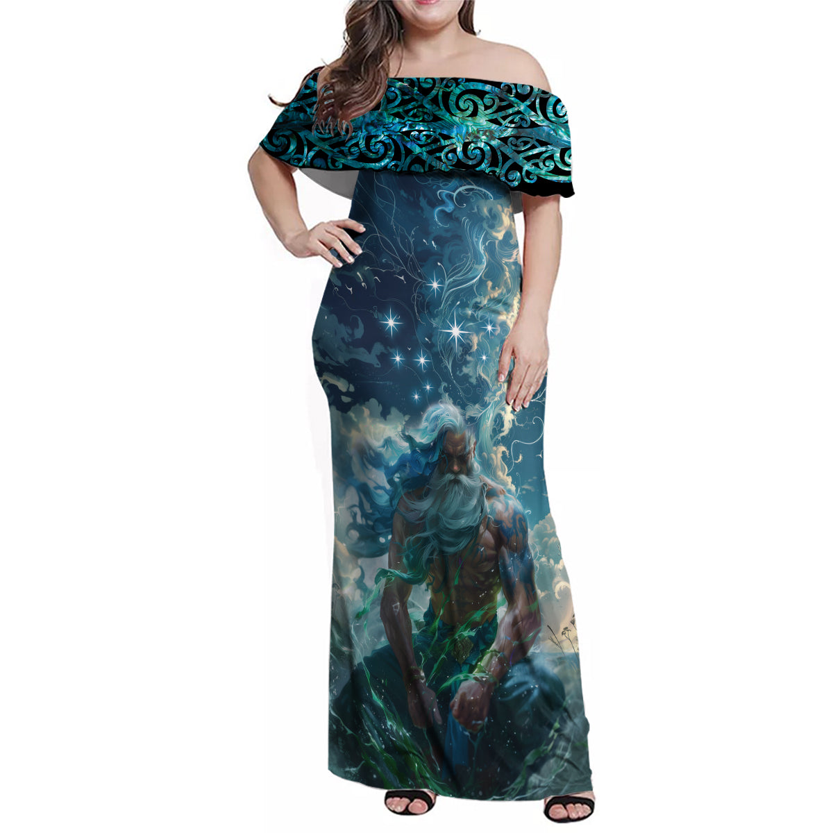 New Zealand Matariki Ururangi Family Matching Off Shoulder Maxi Dress and Hawaiian Shirt The Murmur Of The Wind LT9 Mom's Dress Black - Polynesian Pride