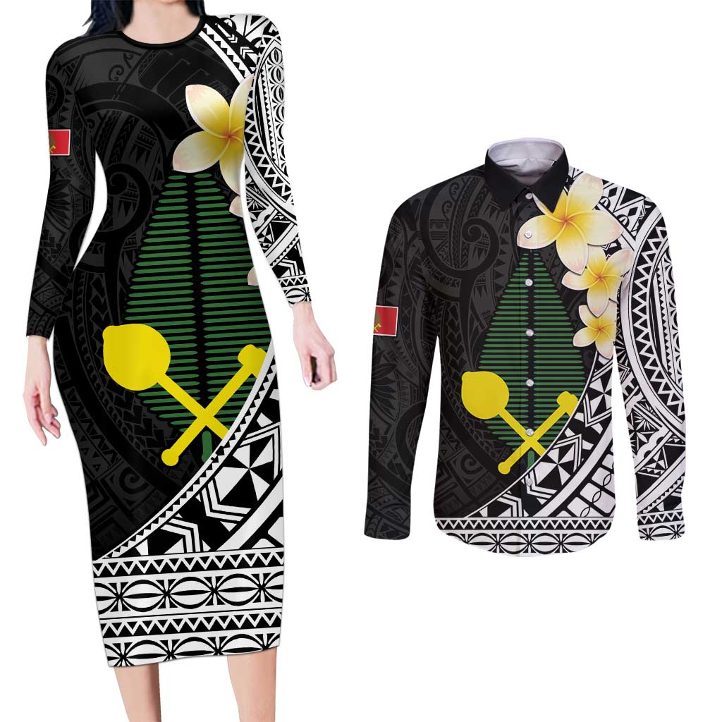 Alo Chiefdom Wallis and Futuna Personalized Couples Matching Long Sleeve Bodycon Dress and Long Sleeve Button Shirt Frangipani Flowers Polynesian Pattern LT9 Black - Polynesian Pride