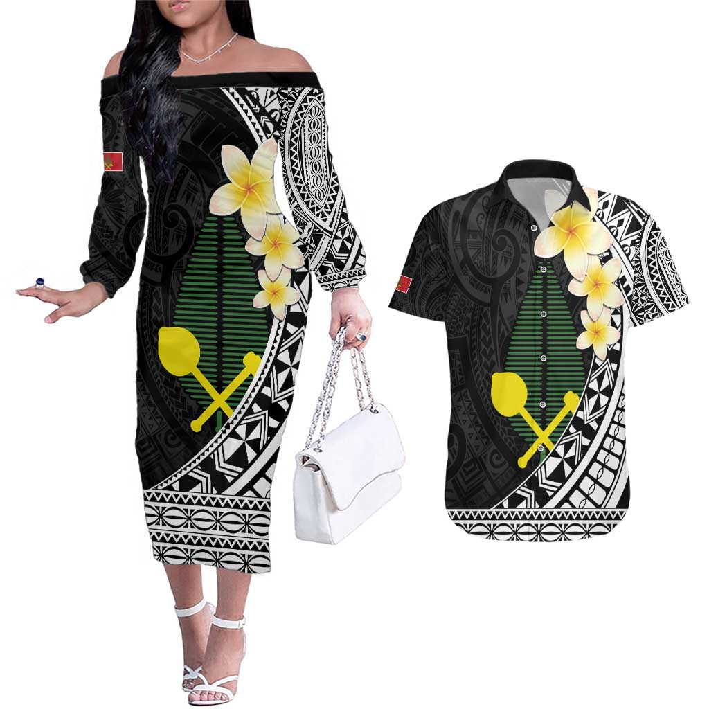Alo Chiefdom Wallis and Futuna Personalized Couples Matching Off The Shoulder Long Sleeve Dress and Hawaiian Shirt Frangipani Flowers Polynesian Pattern