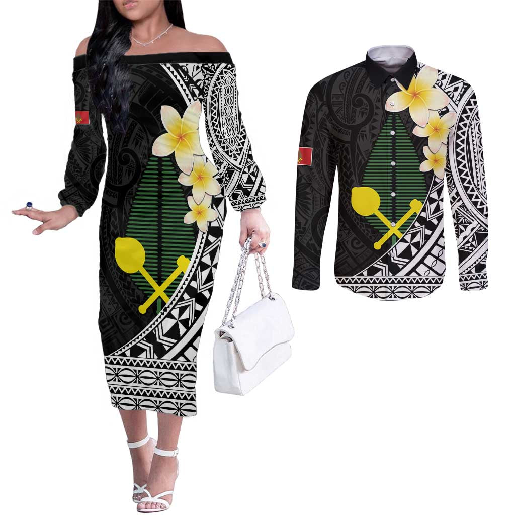 Alo Chiefdom Wallis and Futuna Personalized Couples Matching Off The Shoulder Long Sleeve Dress and Long Sleeve Button Shirt Frangipani Flowers Polynesian Pattern LT9 Black - Polynesian Pride