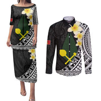 Alo Chiefdom Wallis and Futuna Personalized Couples Matching Puletasi and Long Sleeve Button Shirt Frangipani Flowers Polynesian Pattern LT9 Black - Polynesian Pride