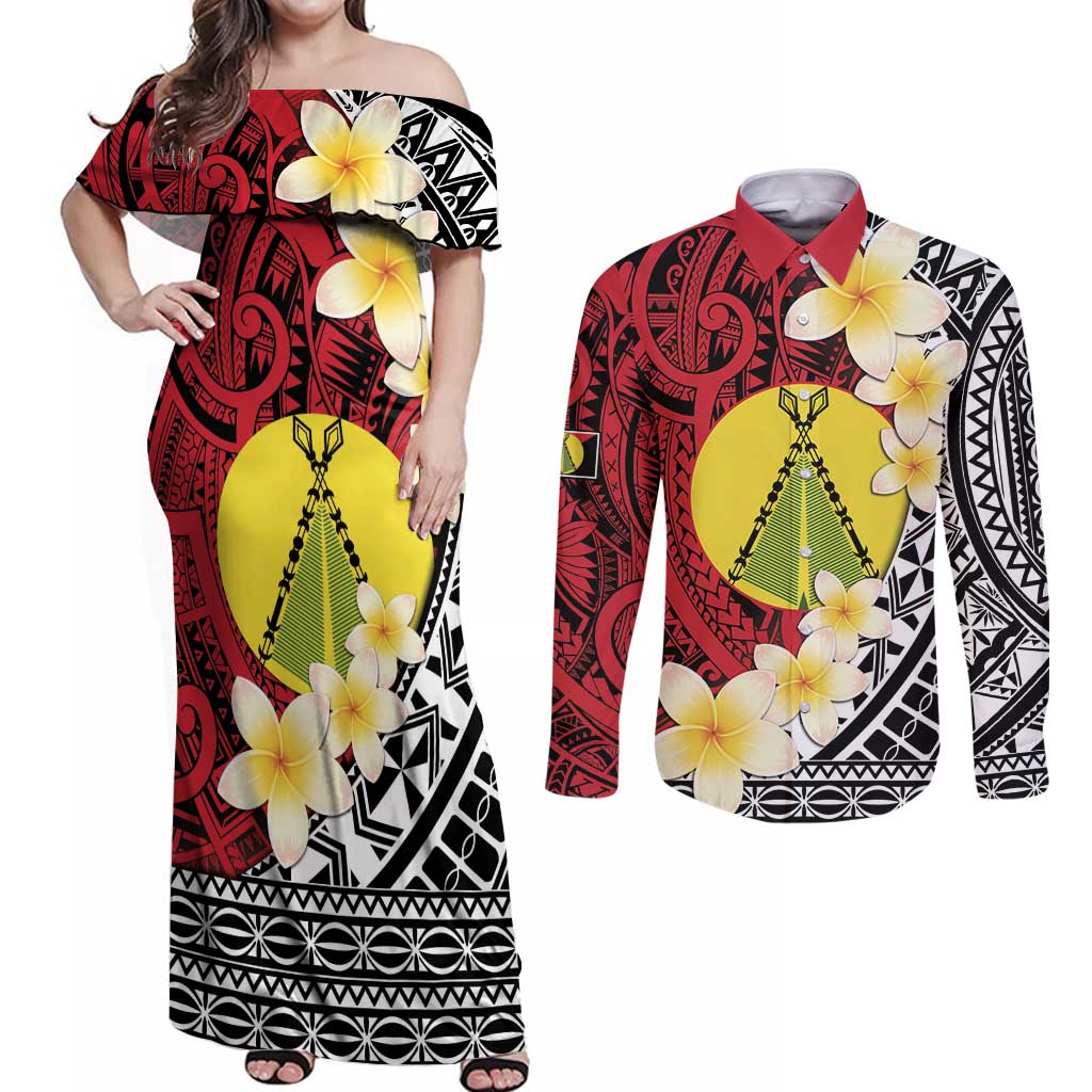 Sigave Chiefdom Wallis and Futuna Personalized Couples Matching Off Shoulder Maxi Dress and Long Sleeve Button Shirt Frangipani Flowers Polynesian Pattern LT9 Red - Polynesian Pride