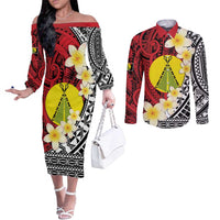 Sigave Chiefdom Wallis and Futuna Personalized Couples Matching Off The Shoulder Long Sleeve Dress and Long Sleeve Button Shirt Frangipani Flowers Polynesian Pattern LT9 Red - Polynesian Pride