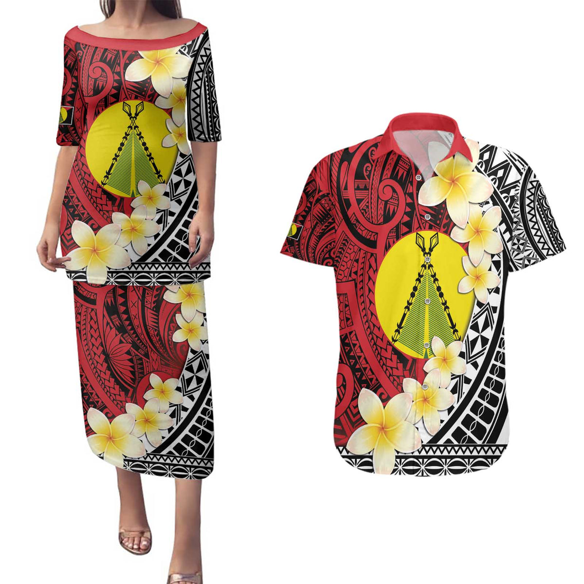 Sigave Chiefdom Wallis and Futuna Personalized Couples Matching Puletasi and Hawaiian Shirt Frangipani Flowers Polynesian Pattern LT9 Red - Polynesian Pride