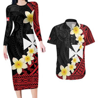 Uvea Chiefdom Wallis and Futuna Personalized Couples Matching Long Sleeve Bodycon Dress and Hawaiian Shirt Frangipani Flowers Polynesian Pattern LT9 Red - Polynesian Pride
