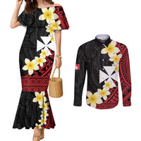 Uvea Chiefdom Wallis and Futuna Personalized Couples Matching Mermaid Dress and Long Sleeve Button Shirt Frangipani Flowers Polynesian Pattern LT9 Red - Polynesian Pride