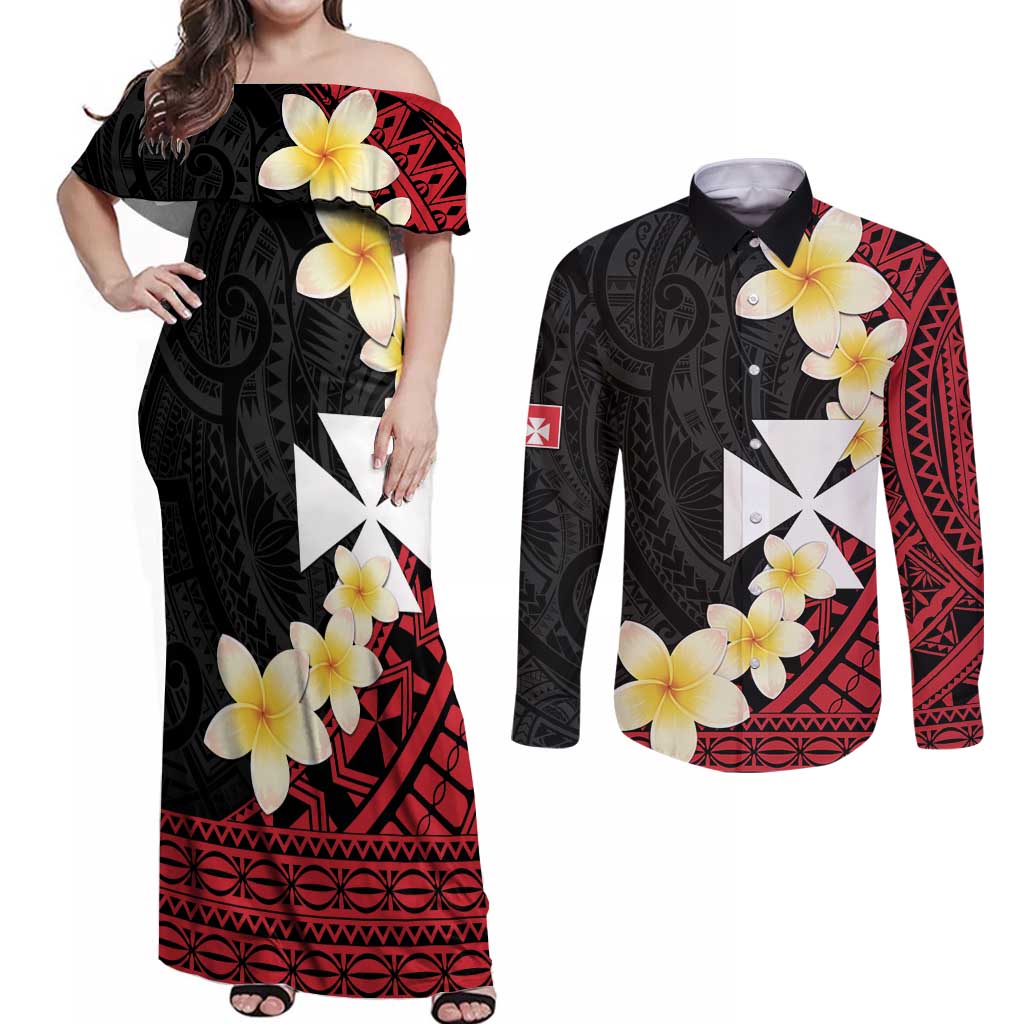 Uvea Chiefdom Wallis and Futuna Personalized Couples Matching Off Shoulder Maxi Dress and Long Sleeve Button Shirt Frangipani Flowers Polynesian Pattern LT9 Red - Polynesian Pride