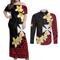 Uvea Chiefdom Wallis and Futuna Personalized Couples Matching Off Shoulder Maxi Dress and Long Sleeve Button Shirt Frangipani Flowers Polynesian Pattern LT9 Red - Polynesian Pride