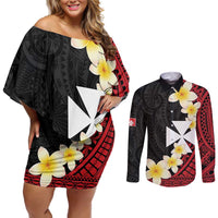 Uvea Chiefdom Wallis and Futuna Personalized Couples Matching Off Shoulder Short Dress and Long Sleeve Button Shirt Frangipani Flowers Polynesian Pattern LT9 Red - Polynesian Pride