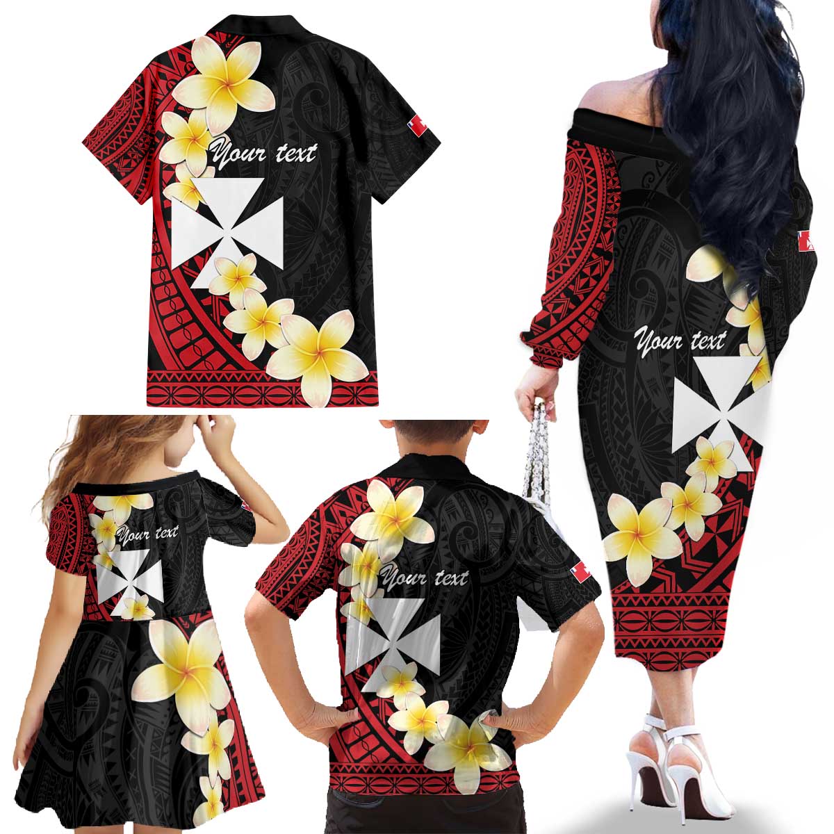 Uvea Chiefdom Wallis and Futuna Personalized Family Matching Off The Shoulder Long Sleeve Dress and Hawaiian Shirt Frangipani Flowers Polynesian Pattern