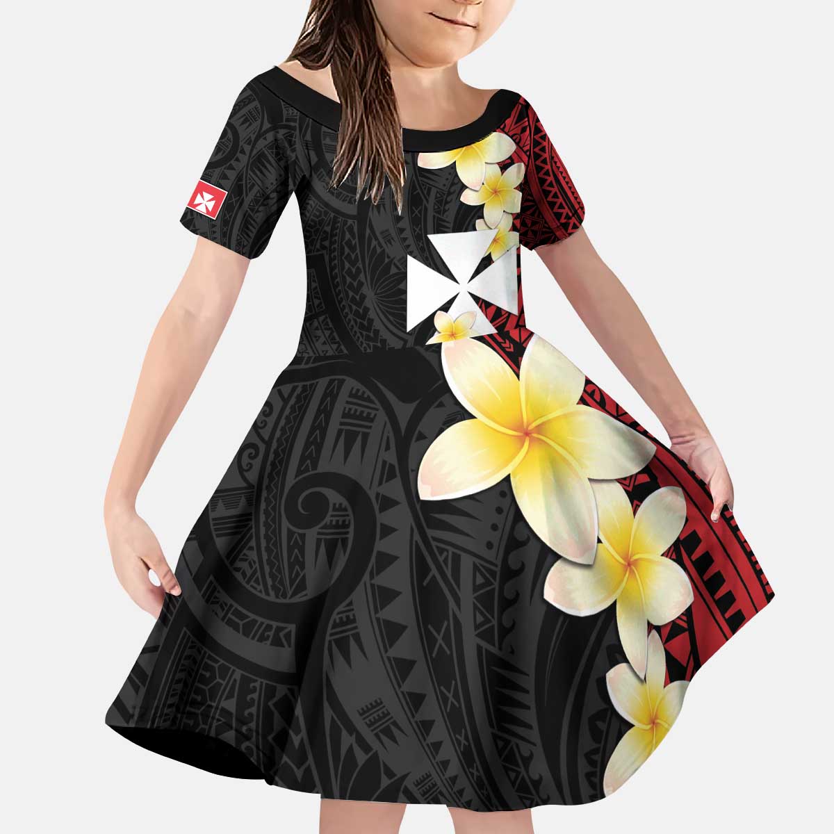 Uvea Chiefdom Wallis and Futuna Personalized Kid Short Sleeve Dress Frangipani Flowers Polynesian Pattern