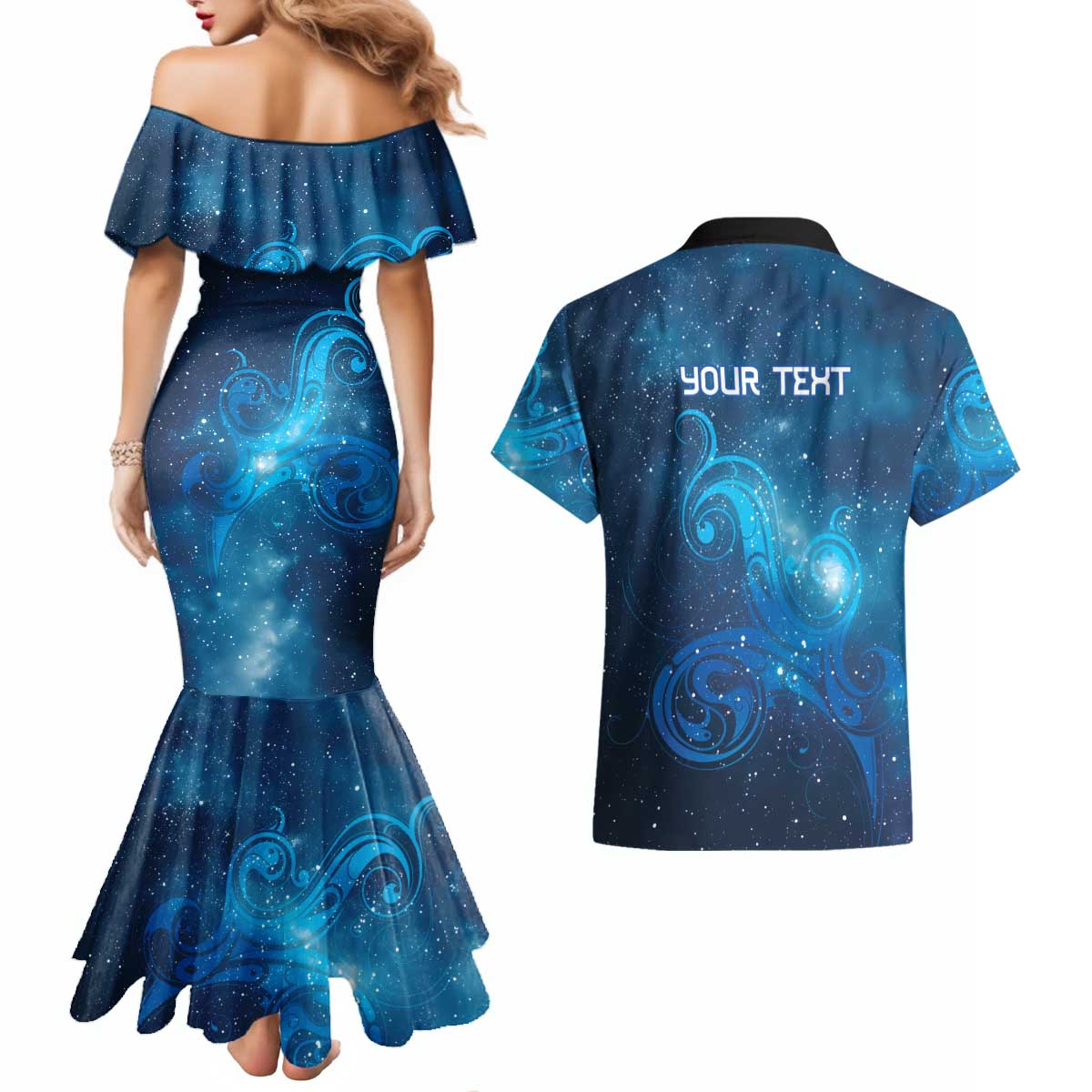 New Zealand Nurses RN Personalised Couples Matching Mermaid Dress and Hawaiian Shirt Galaxy Stethoscope Maori Motif