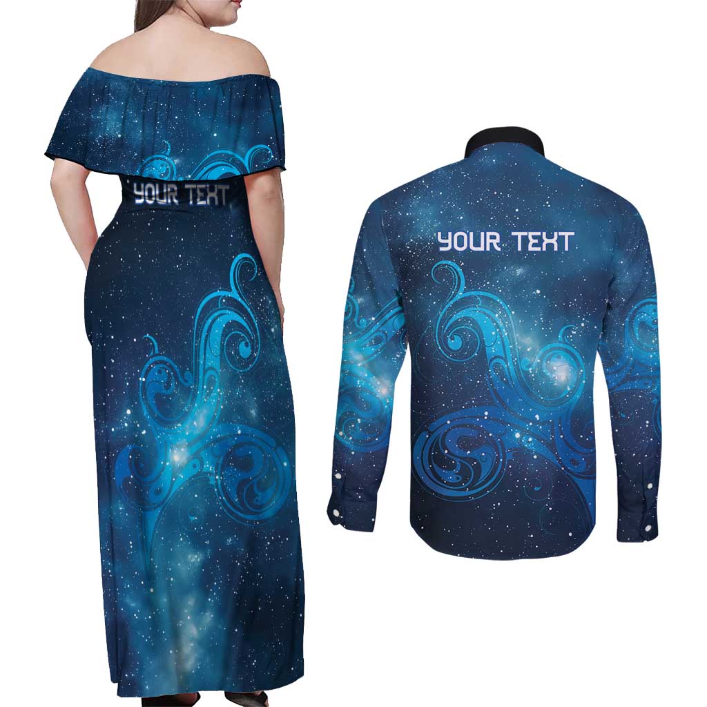 New Zealand Nurses RN Personalised Couples Matching Off Shoulder Maxi Dress and Long Sleeve Button Shirt Galaxy Stethoscope Maori Motif LT9 - Polynesian Pride