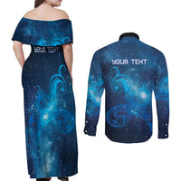 New Zealand Nurses RN Personalised Couples Matching Off Shoulder Maxi Dress and Long Sleeve Button Shirt Galaxy Stethoscope Maori Motif LT9 - Polynesian Pride