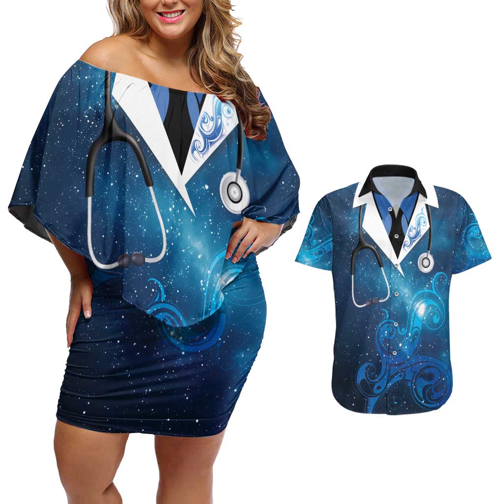 New Zealand Nurses RN Personalised Couples Matching Off Shoulder Short Dress and Hawaiian Shirt Galaxy Stethoscope Maori Motif LT9 Galaxy - Polynesian Pride