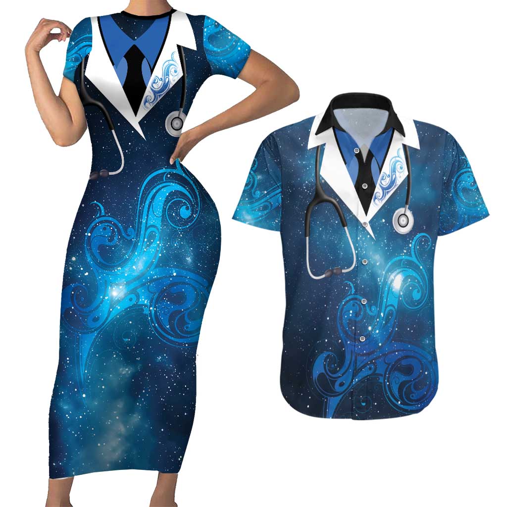 New Zealand Nurses RN Personalised Couples Matching Short Sleeve Bodycon Dress and Hawaiian Shirt Galaxy Stethoscope Maori Motif LT9 Galaxy - Polynesian Pride