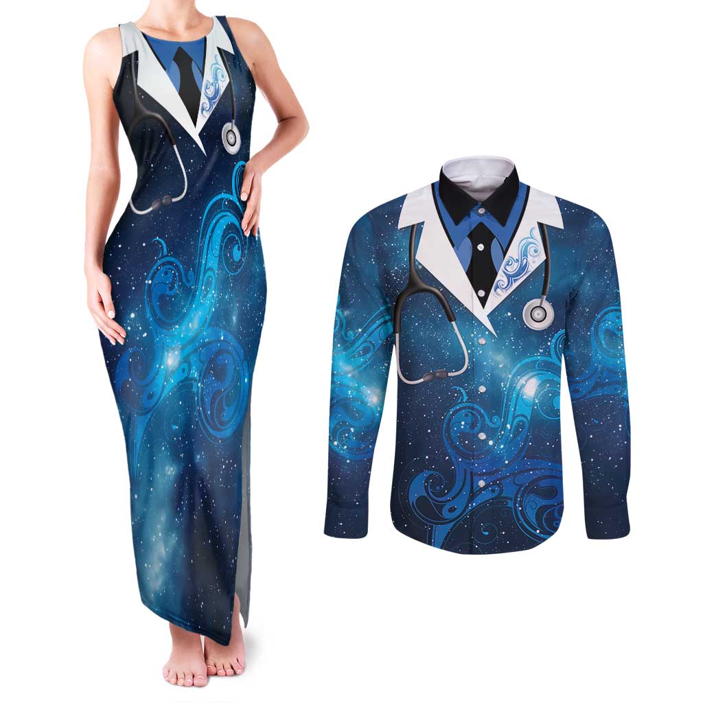 New Zealand Nurses RN Personalised Couples Matching Tank Maxi Dress and Long Sleeve Button Shirt Galaxy Stethoscope Maori Motif LT9 Galaxy - Polynesian Pride