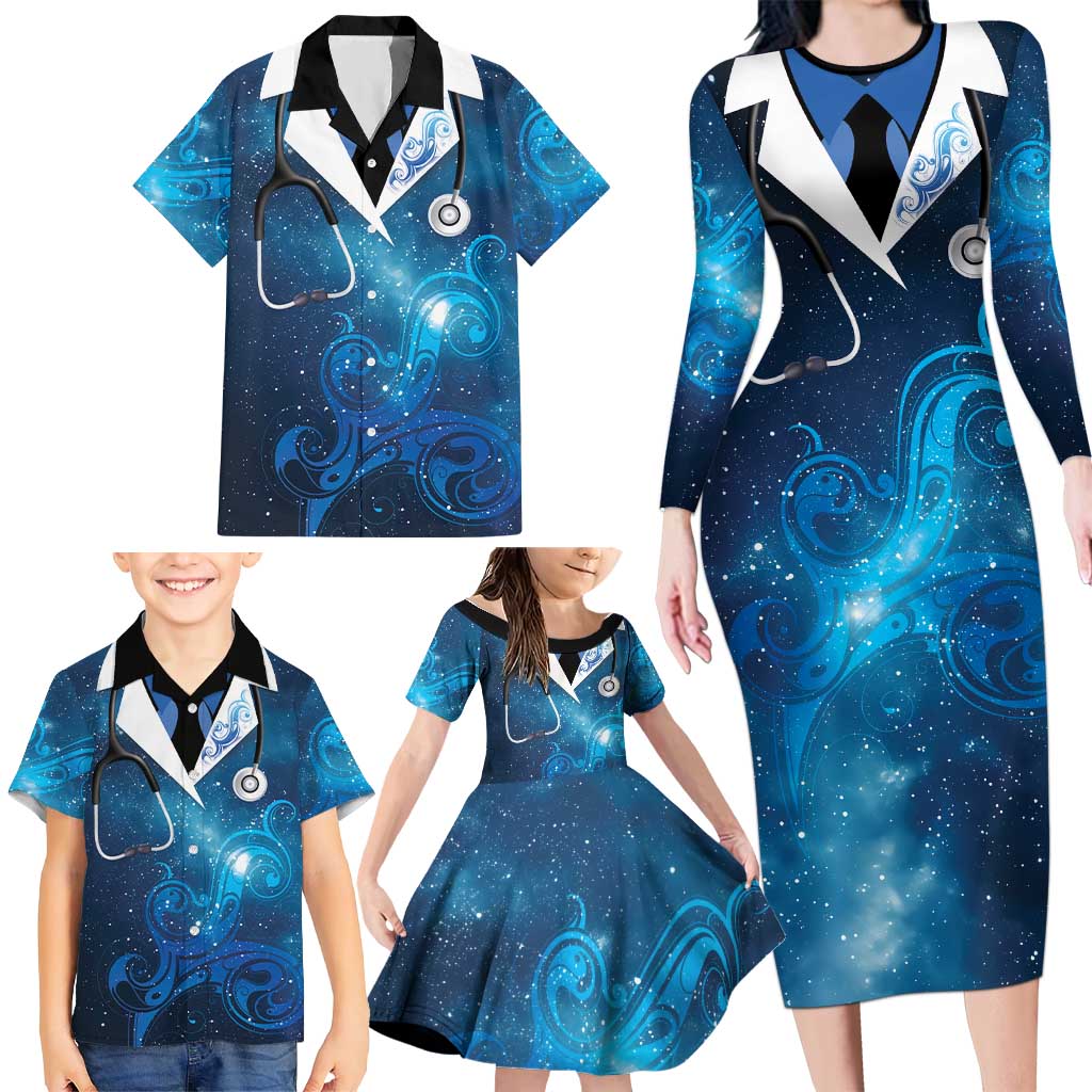 New Zealand Nurses RN Personalised Family Matching Long Sleeve Bodycon Dress and Hawaiian Shirt Galaxy Stethoscope Maori Motif LT9 - Polynesian Pride