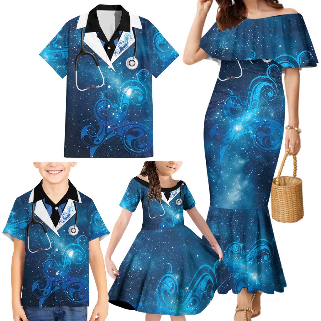 New Zealand Nurses RN Personalised Family Matching Mermaid Dress and Hawaiian Shirt Galaxy Stethoscope Maori Motif LT9 - Polynesian Pride