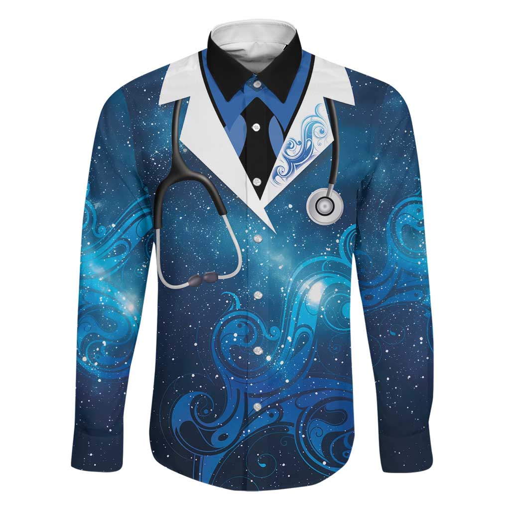 New Zealand Nurses RN Personalised Family Matching Mermaid Dress and Hawaiian Shirt Galaxy Stethoscope Maori Motif LT9 Dad's Shirt - Long Sleeve Galaxy - Polynesian Pride