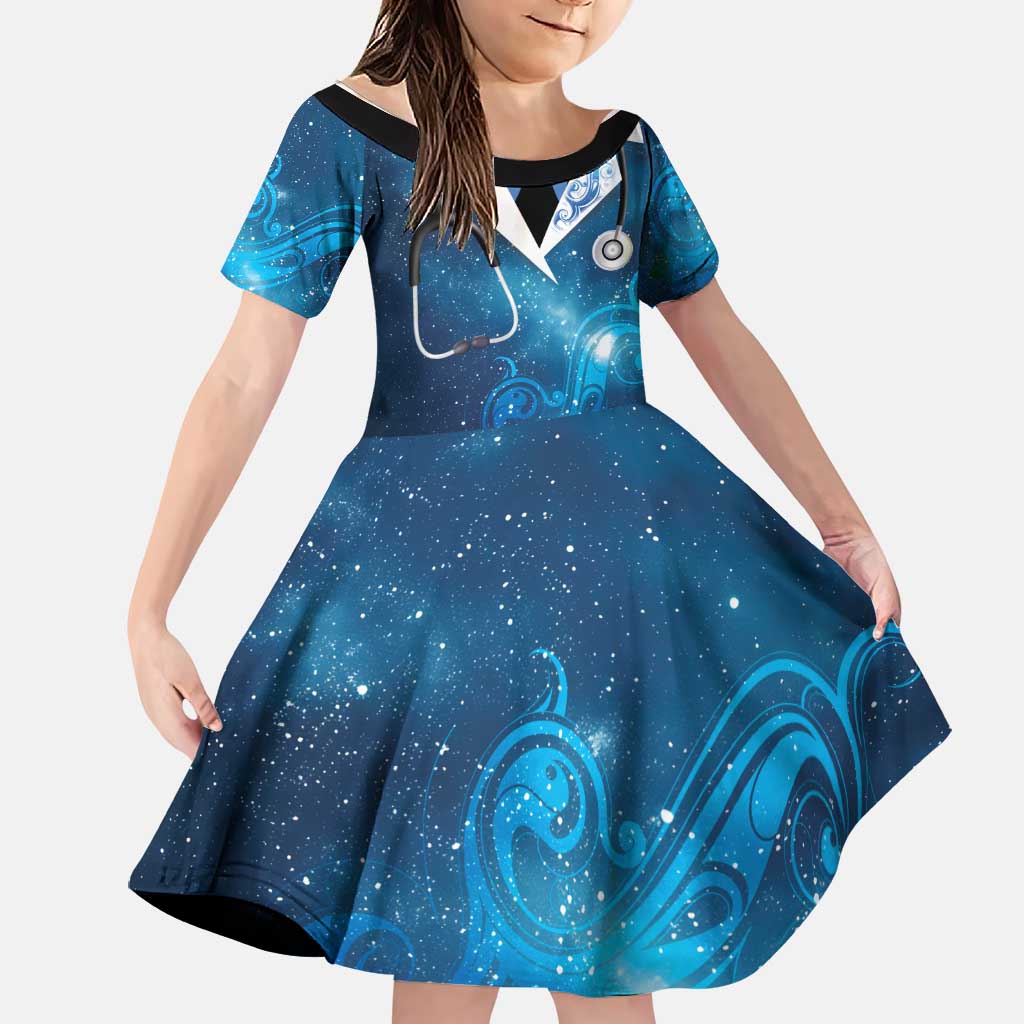 New Zealand Nurses RN Personalised Family Matching Summer Maxi Dress and Hawaiian Shirt Galaxy Stethoscope Maori Motif LT9 Daughter's Dress Galaxy - Polynesian Pride