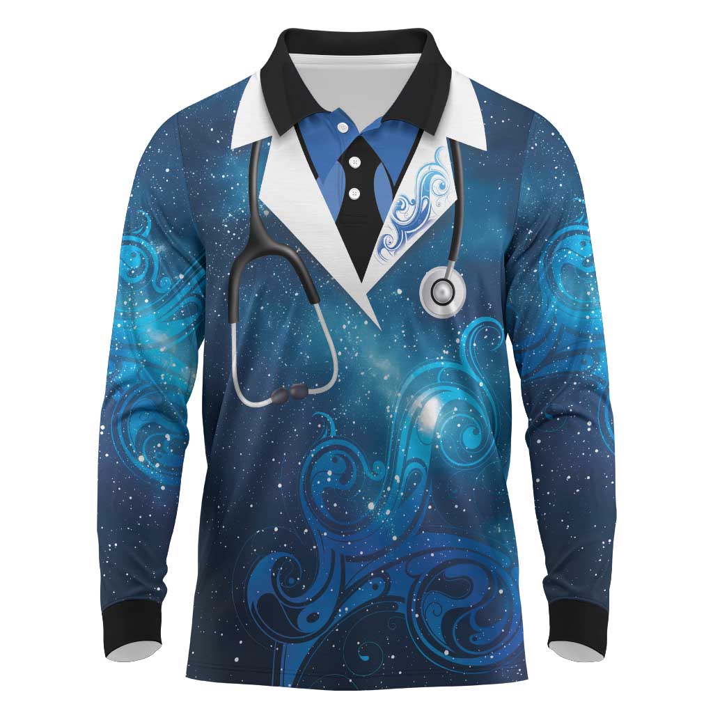 New Zealand Nurses RN Personalised Long Sleeve Polo Shirt Galaxy Stethoscope Maori Motif LT9 Galaxy - Polynesian Pride
