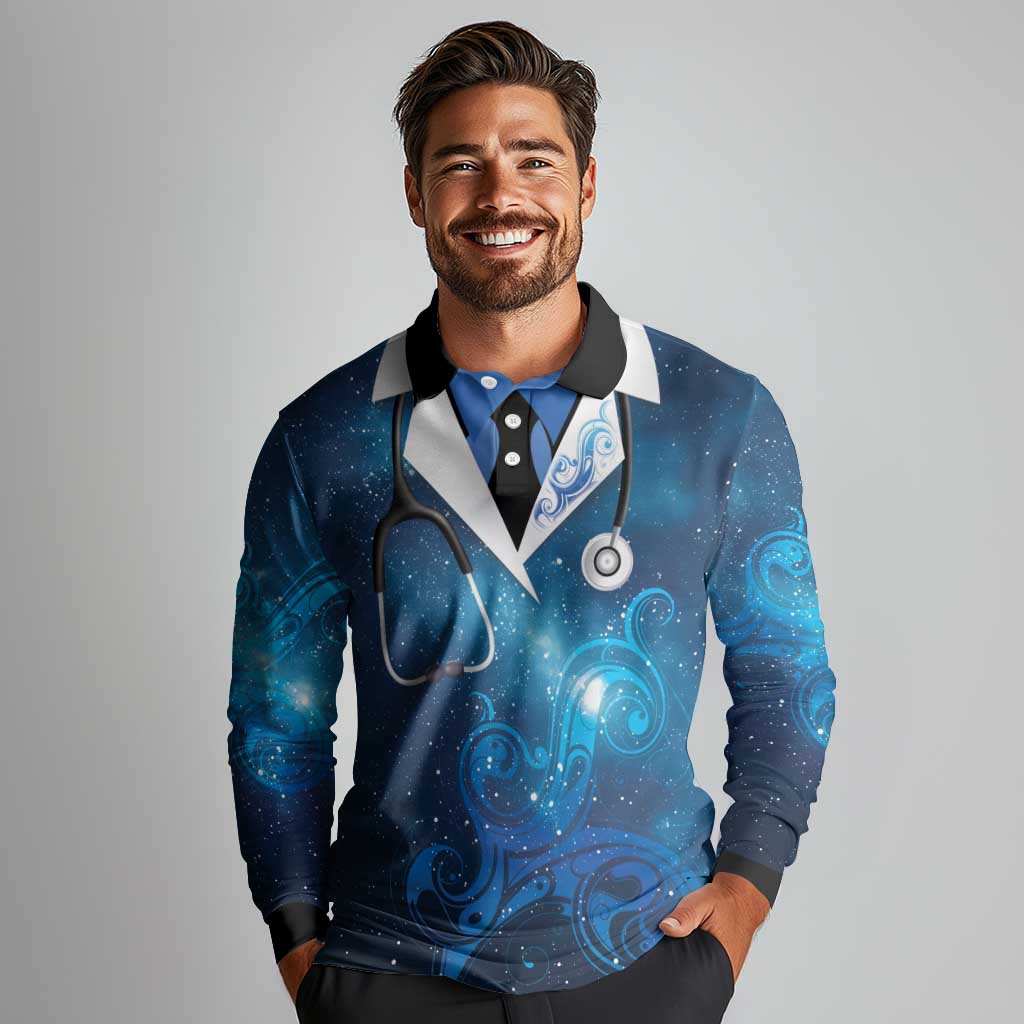 New Zealand Nurses RN Personalised Long Sleeve Polo Shirt Galaxy Stethoscope Maori Motif LT9 - Polynesian Pride