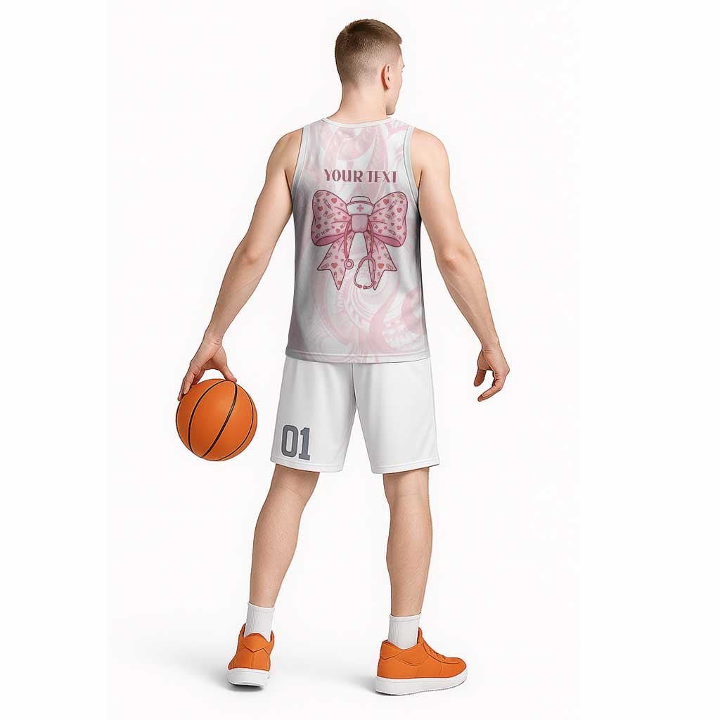 New Zealand Nurses RN Personalised Basketball Jersey Pink Stethoscope Coquette Bow Maori Motif LT9 - Polynesian Pride