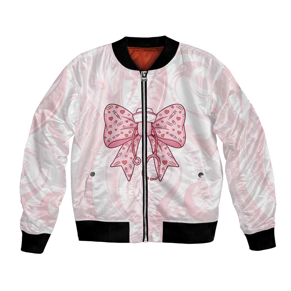 New Zealand Nurses RN Personalised Bomber Jacket Pink Stethoscope Coquette Bow Maori Motif LT9 Unisex Pink - Polynesian Pride