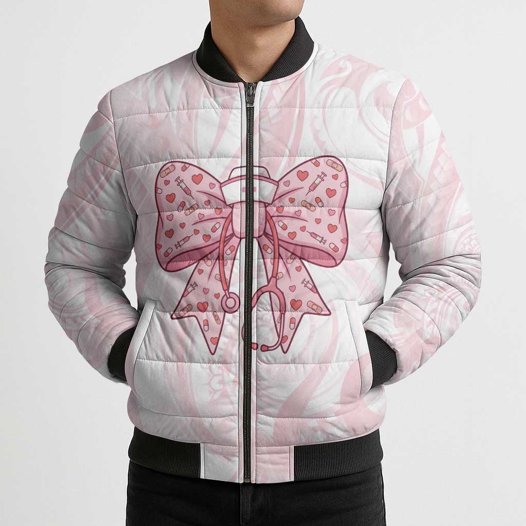 New Zealand Nurses RN Personalised Bomber Puffer Jacket Pink Stethoscope Coquette Bow Maori Motif