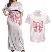 New Zealand Nurses RN Personalised Couples Matching Off Shoulder Maxi Dress and Hawaiian Shirt Pink Stethoscope Coquette Bow Maori Motif