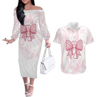 New Zealand Nurses RN Personalised Couples Matching Off The Shoulder Long Sleeve Dress and Hawaiian Shirt Pink Stethoscope Coquette Bow Maori Motif LT9 Pink - Polynesian Pride