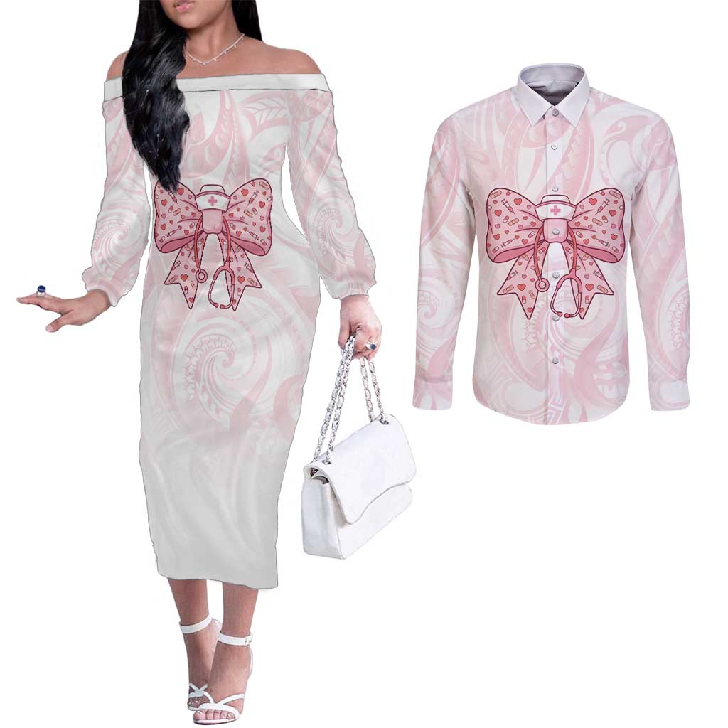 New Zealand Nurses RN Personalised Couples Matching Off The Shoulder Long Sleeve Dress and Long Sleeve Button Shirt Pink Stethoscope Coquette Bow Maori Motif LT9 Pink - Polynesian Pride